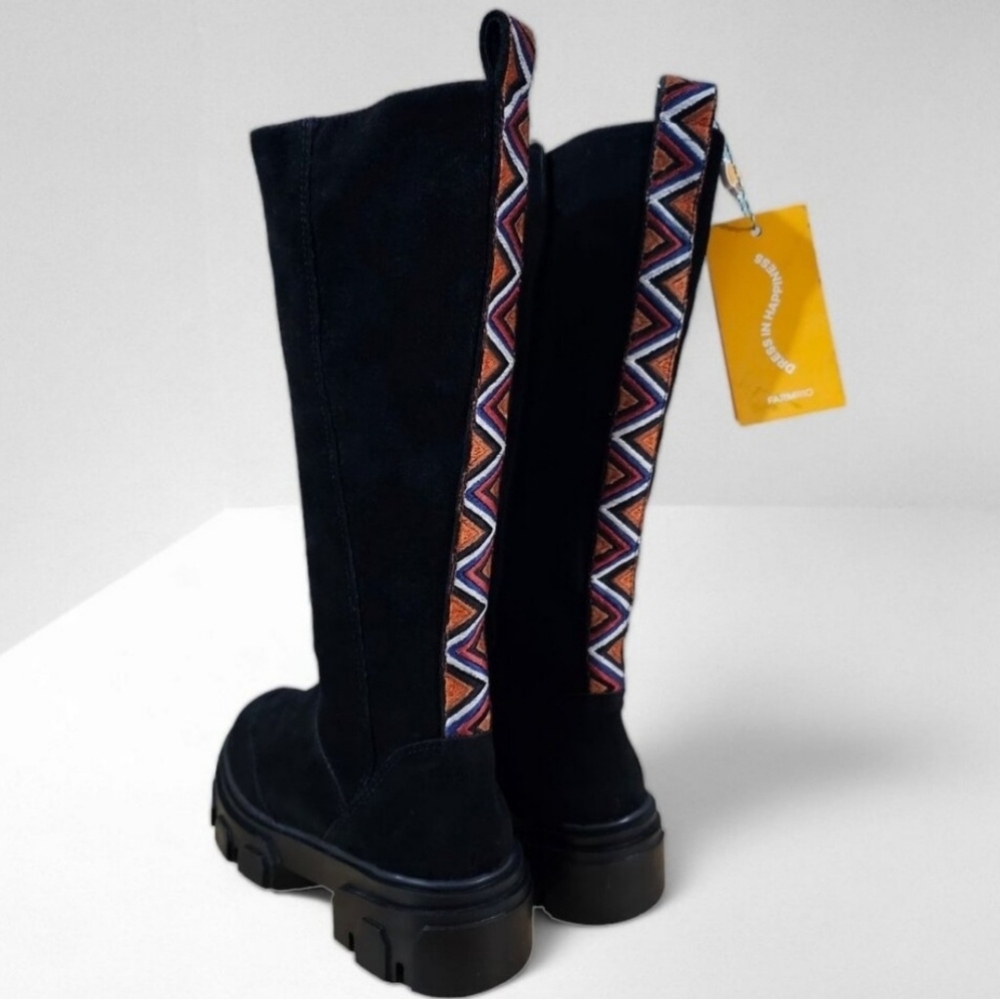 Farm Rio Tall Combat Boot Womens 7.5 Black Vegan Platform Boho Embroidered NEW